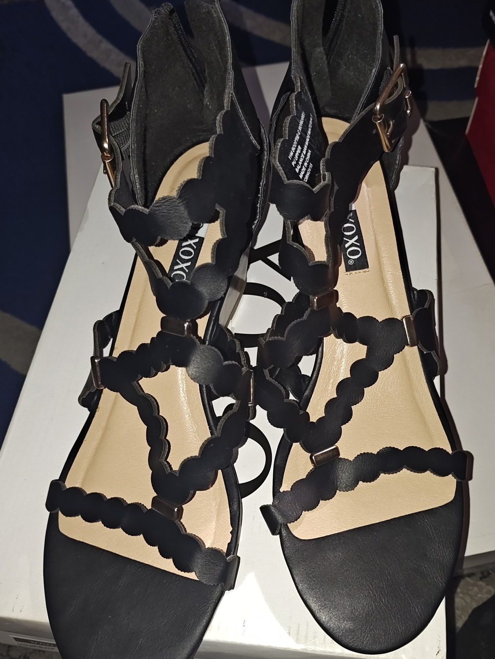 XOXO Black Scalloped Strappy Wedge Sandals with Ankle Buckle